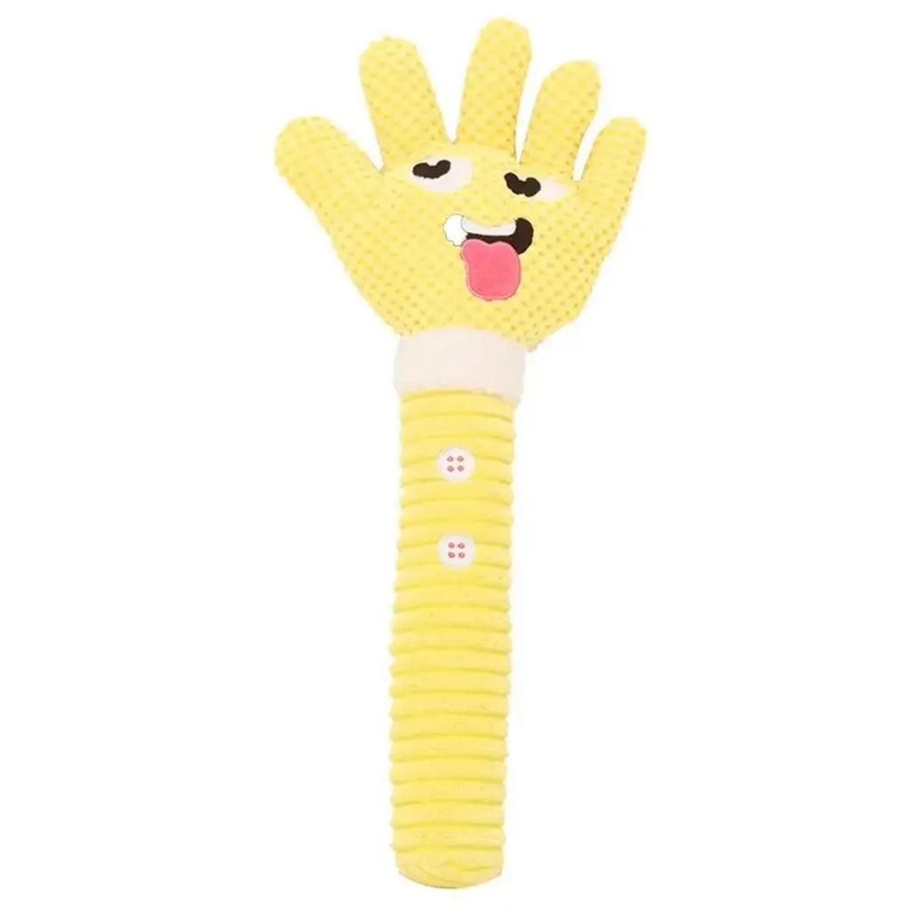 Yellow palm-shaped plush dog teething toy with squeaker for puppies
