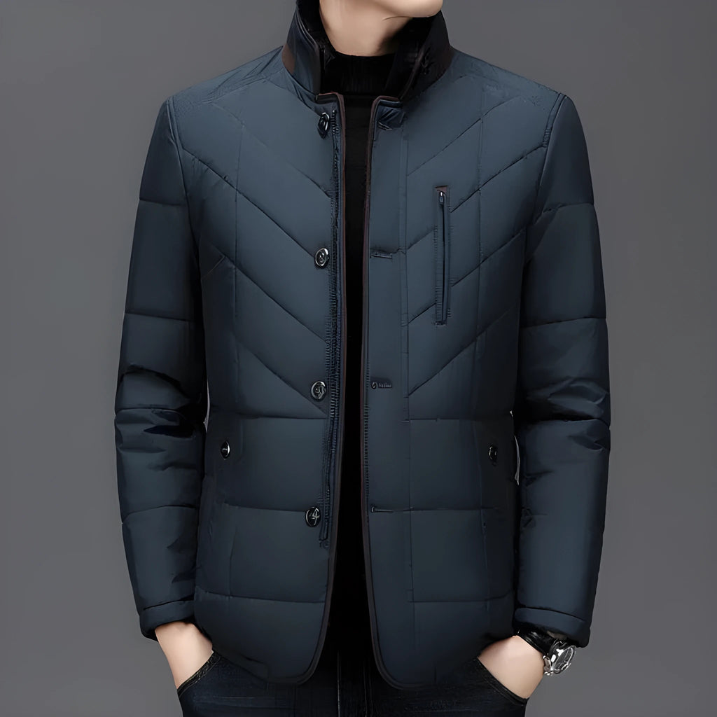 Men's solid colour winter coat with cotton filler and side seam pockets in dark blue, wine red or dark green