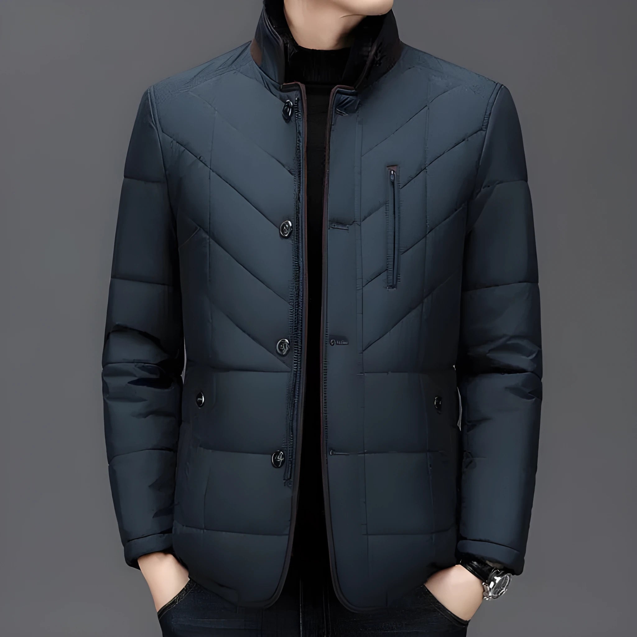 Men's solid colour winter coat with cotton filler and side seam pockets in dark blue, wine red or dark green