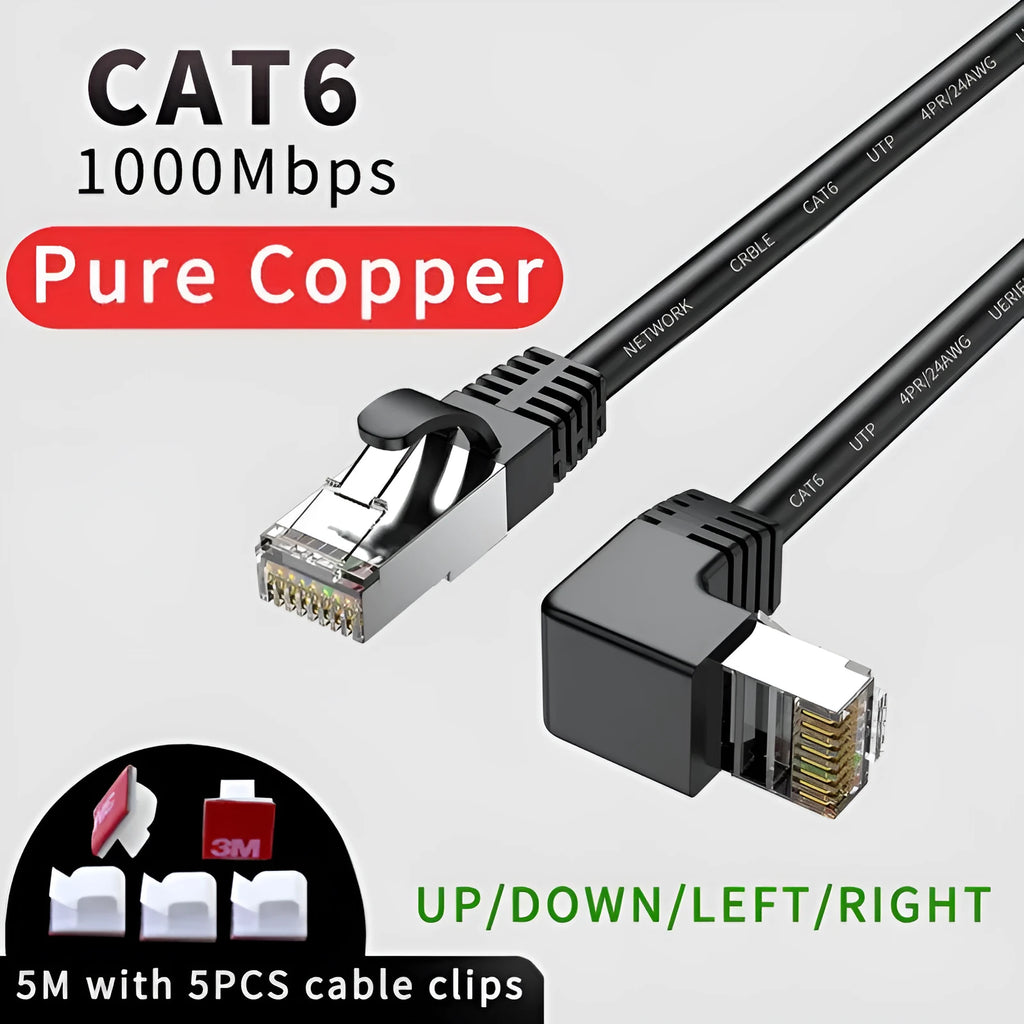 Cat6 Ethernet cable with a right-angle RJ45 metal connector in black, showing length markings.
