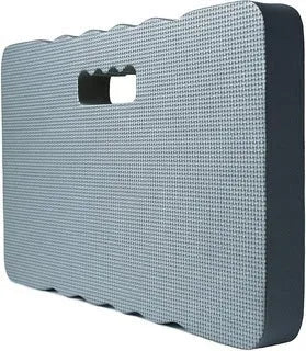 Blue plastic garden kneeler pad on grass, showing its size and thickness for knee protection during gardening.