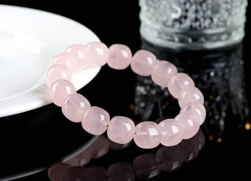 Pink crystal and natural bamboo bracelet with geometric barrel beads