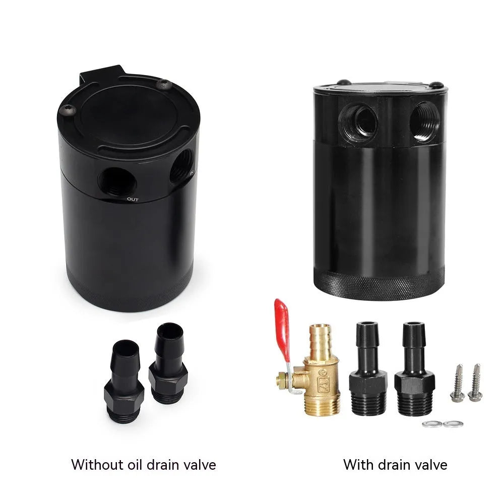 Black and silver aluminium automotive oil pot with two-hole breathable design