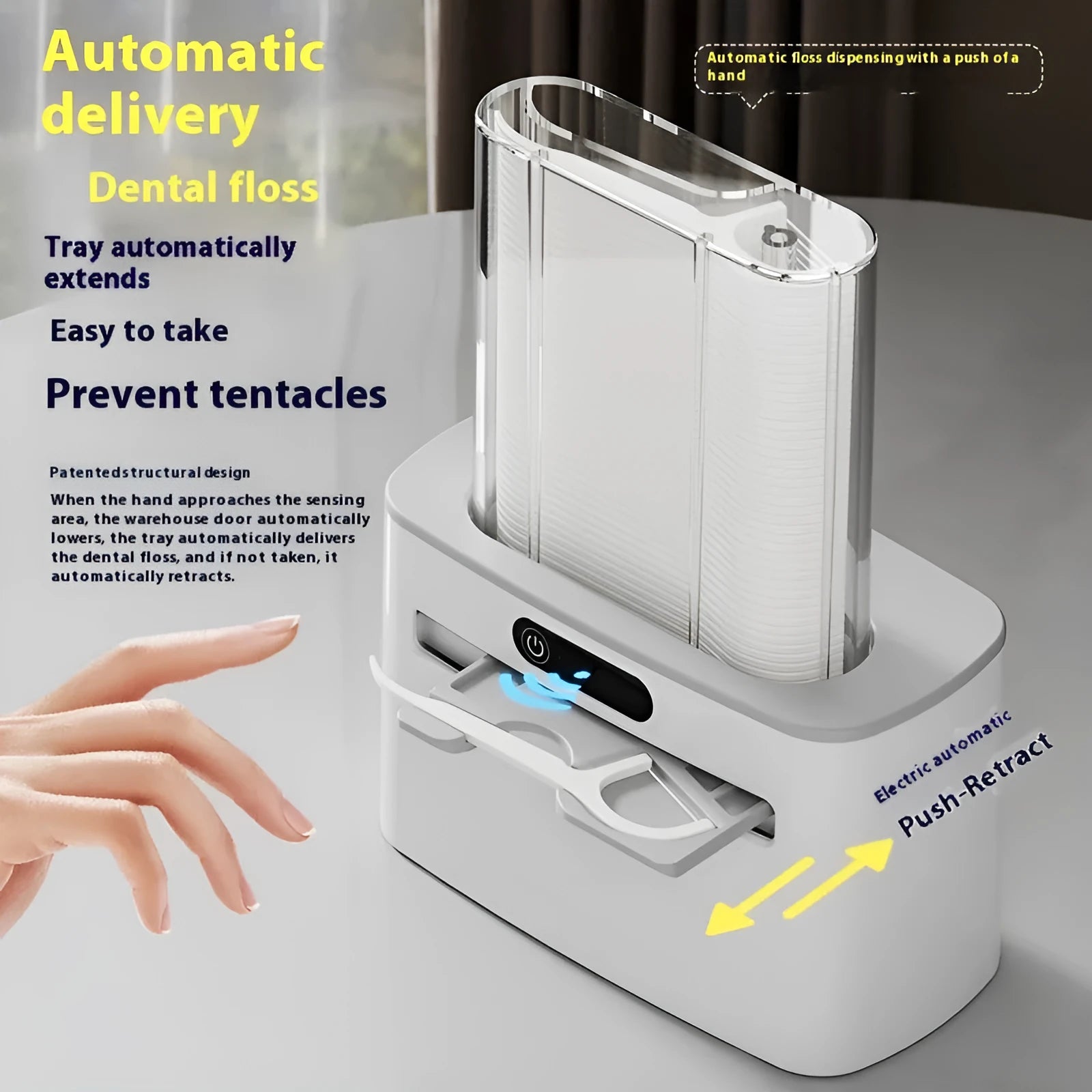 Intelligent induction automatic pop-up rechargeable dental floss box in plastic dark gray finish with floss spool