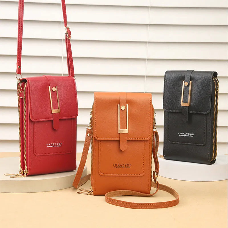 Women's transparent PU crossbody shoulder bag with touch screen window, letter design, in multiple colours