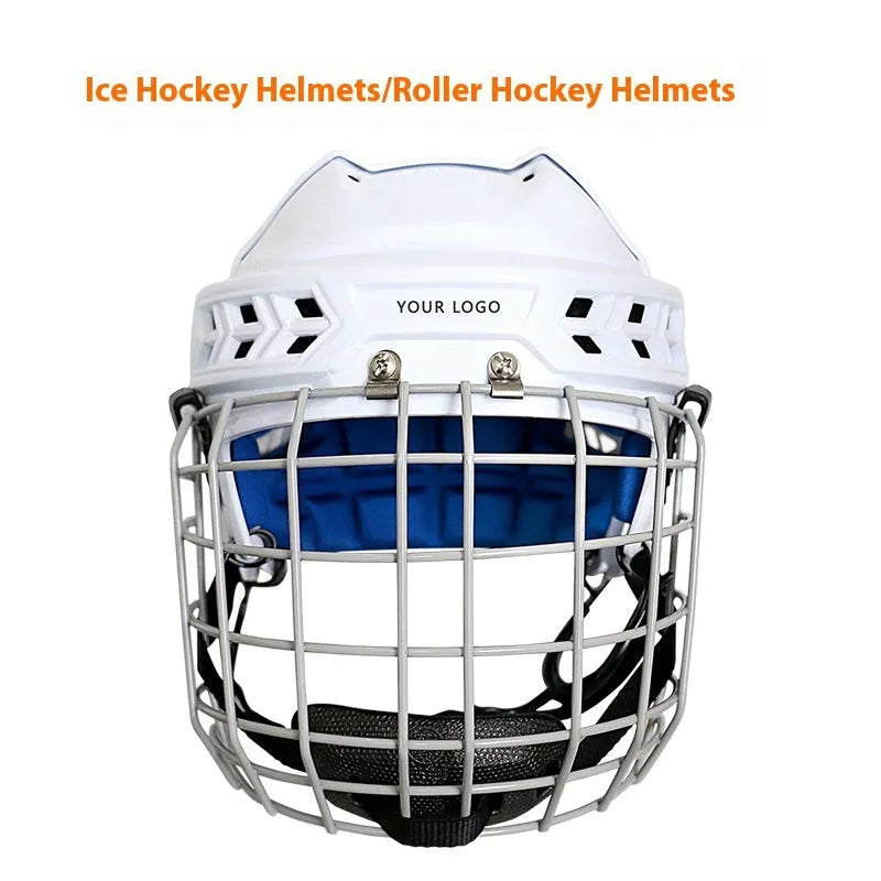 Ice hockey helmet with a carbon steel face mask showing impact-resistant shell and cushioned interior lining.