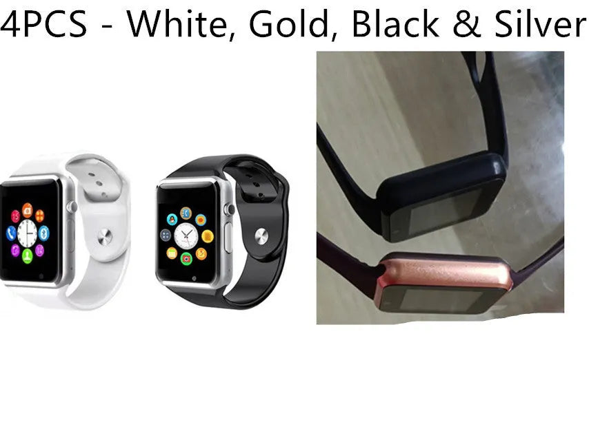 A1 Smart Watch for Android with 1.54-inch screen, Bluetooth, GSM SIM slot, and camera in multiple colours.