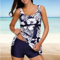 Blue women's printed split bikini swimsuit with triangle top and briefs shorts