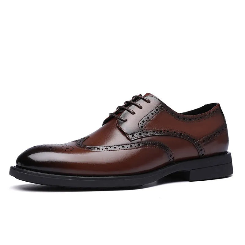 Men's black and brown brogue Oxford lace-up business shoes on a white background.