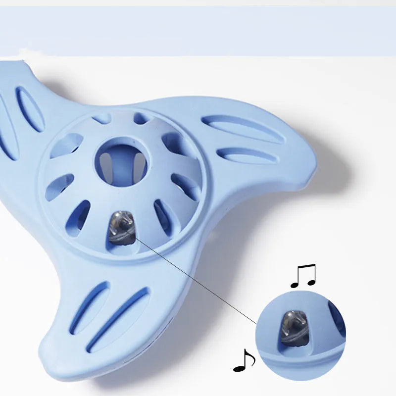 Blue bite-resistant boomerang shaped dog toy for large breed chewers.