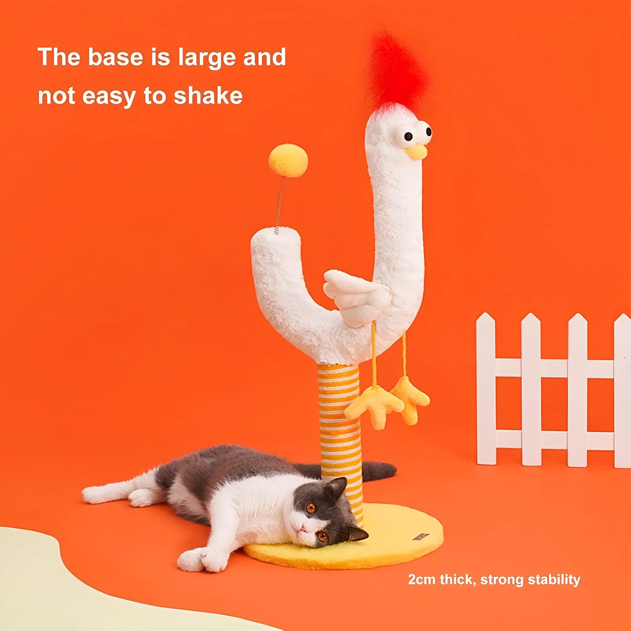 Yellow sisal rope cat scratching post with spring ball toy attached