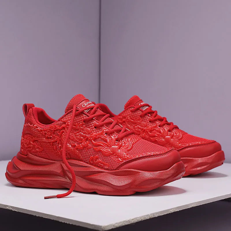 Chinese Loong casual fly knit sneakers in dragon pattern with rubber sole