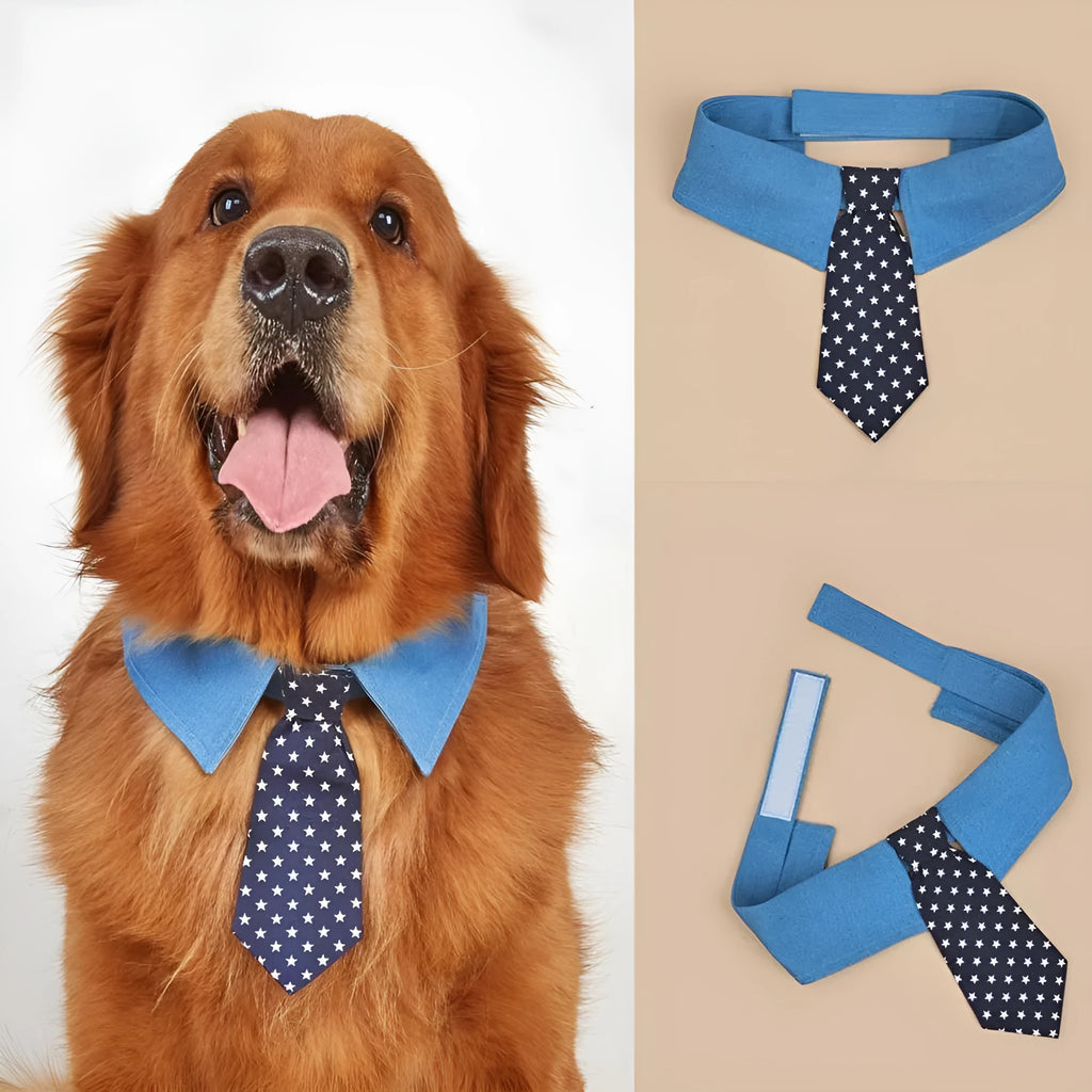Denim pet collar with star pattern necktie, adjustable fastener tape, on a light background