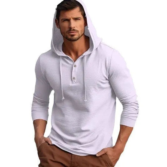 Casual cotton sports hoodie top in dark blue, showing front pullover design with hood and long sleeves.