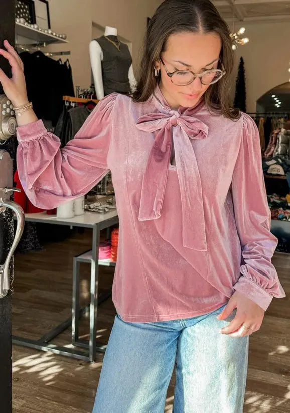 Fuchsia solid colour velvet ribbon bow knot long sleeve blouse with 100% polyester fabric, front view