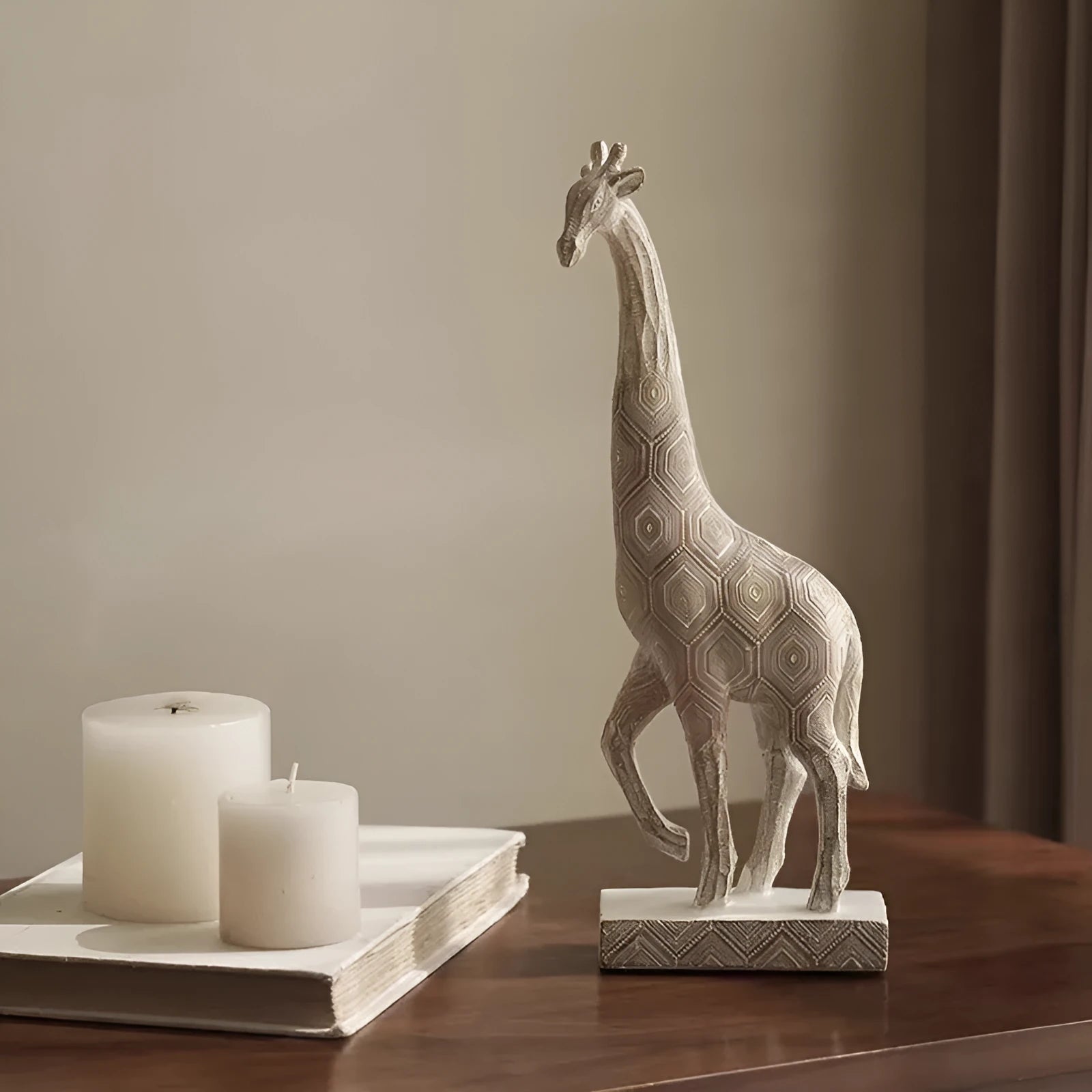 Wood colour synthetic resin giraffe ornament for shelf decoration, 30.5cm tall.