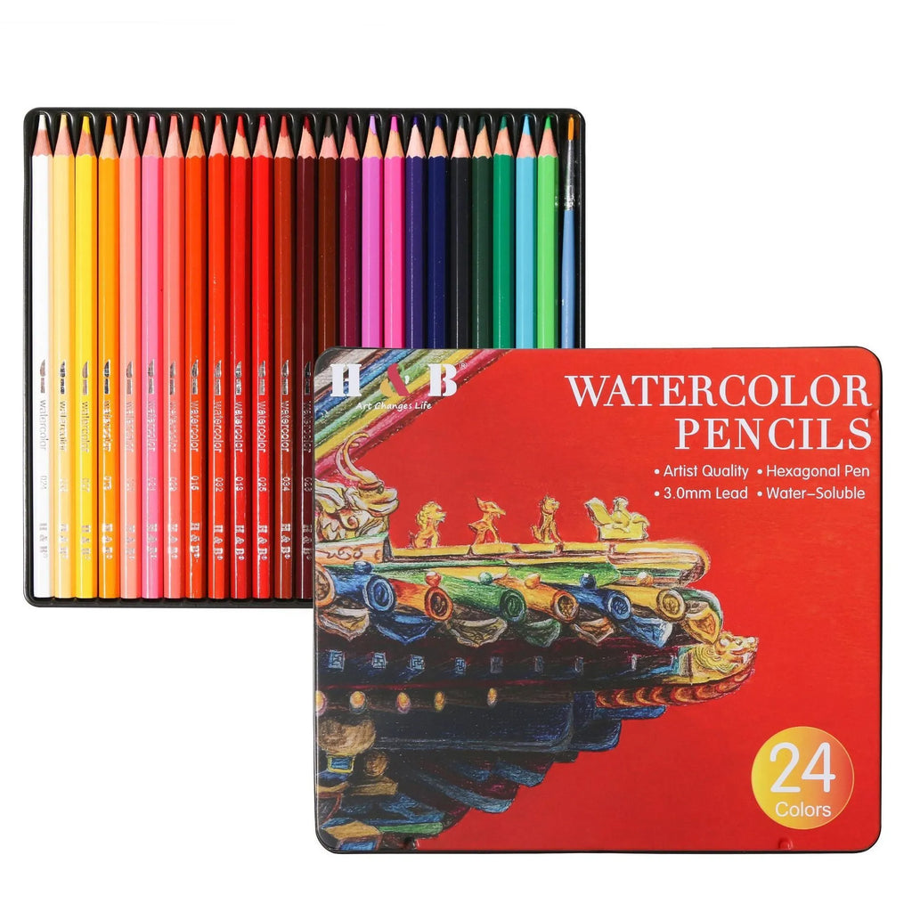 Water-soluble coloured pencil set with 24 colours in iron storage box showing pencil dimensions
