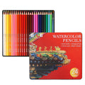 Water-soluble coloured pencil set with 24 colours in iron storage box showing pencil dimensions