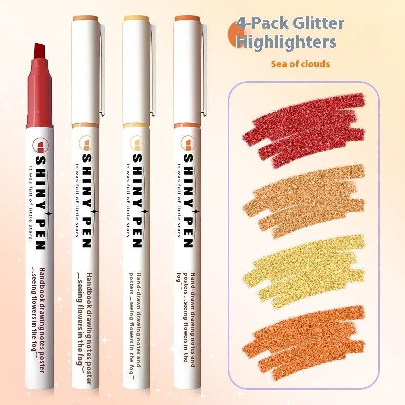 Set of four glitter highlighter pens with star river design and slanted tips in assorted fluorescent colours