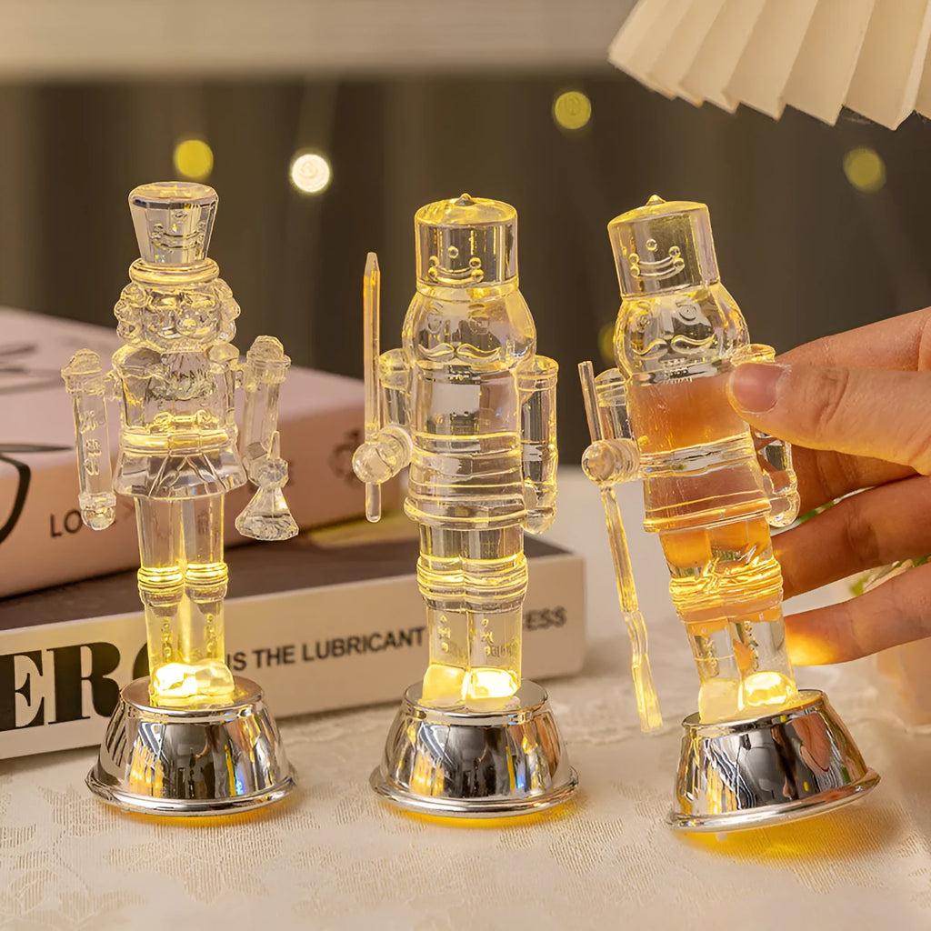 Transparent plastic soldier nutcracker Christmas decoration on desktop