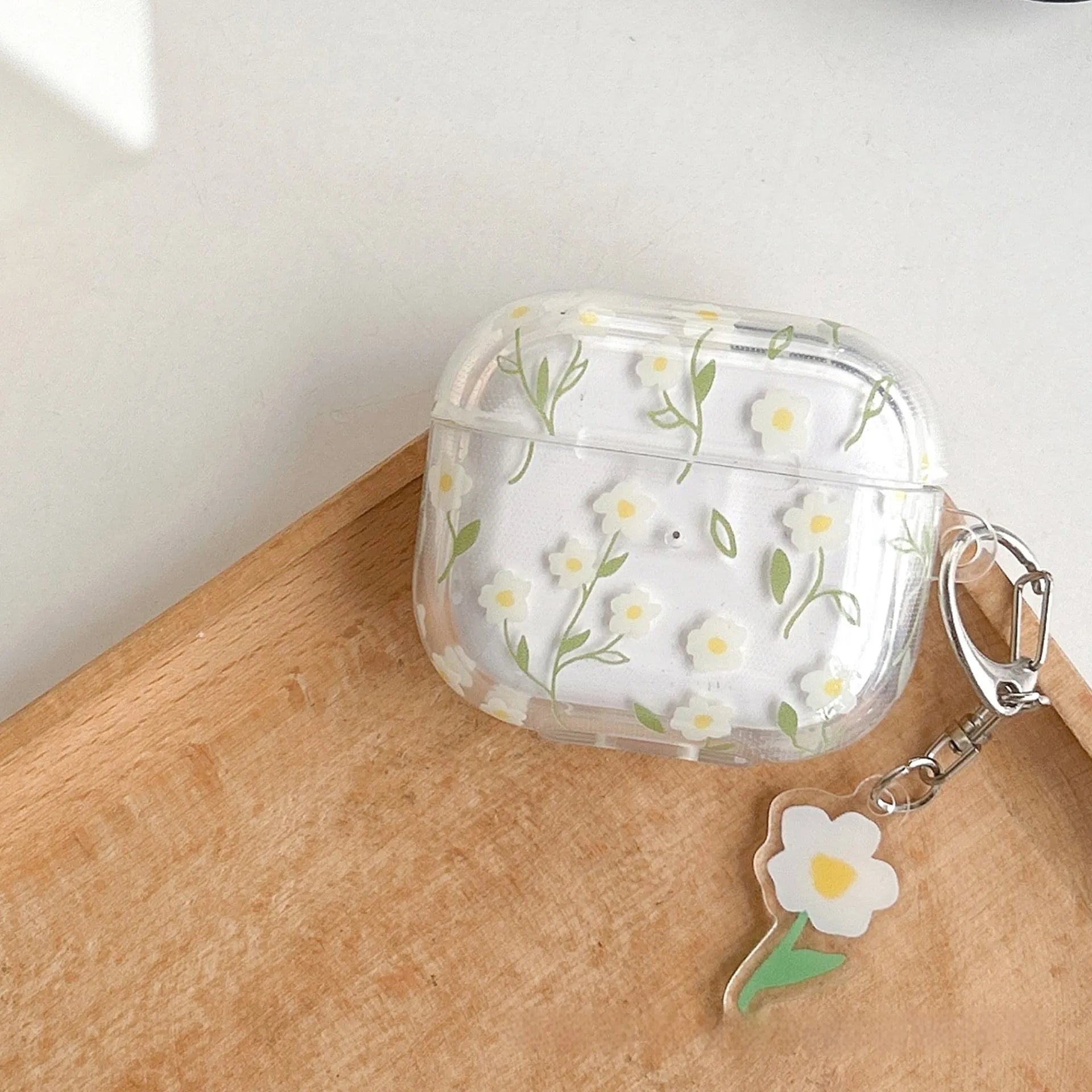 White floral pattern on clear TPU protective case for Apple AirPods