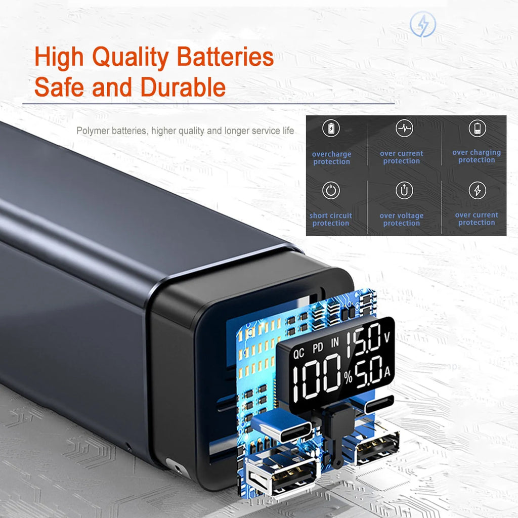 65W metal power bank for laptop charging with 20000mAh capacity in black, blue or grey colours