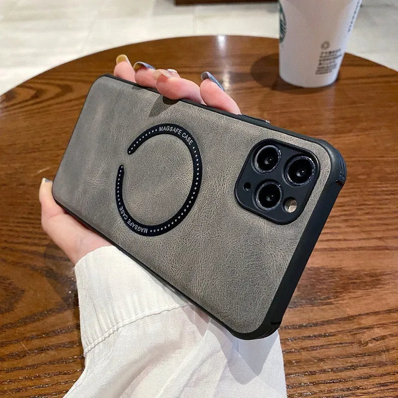 Black imitation leather magnetic charging phone case for iPhone showing back cover with magnetic ring