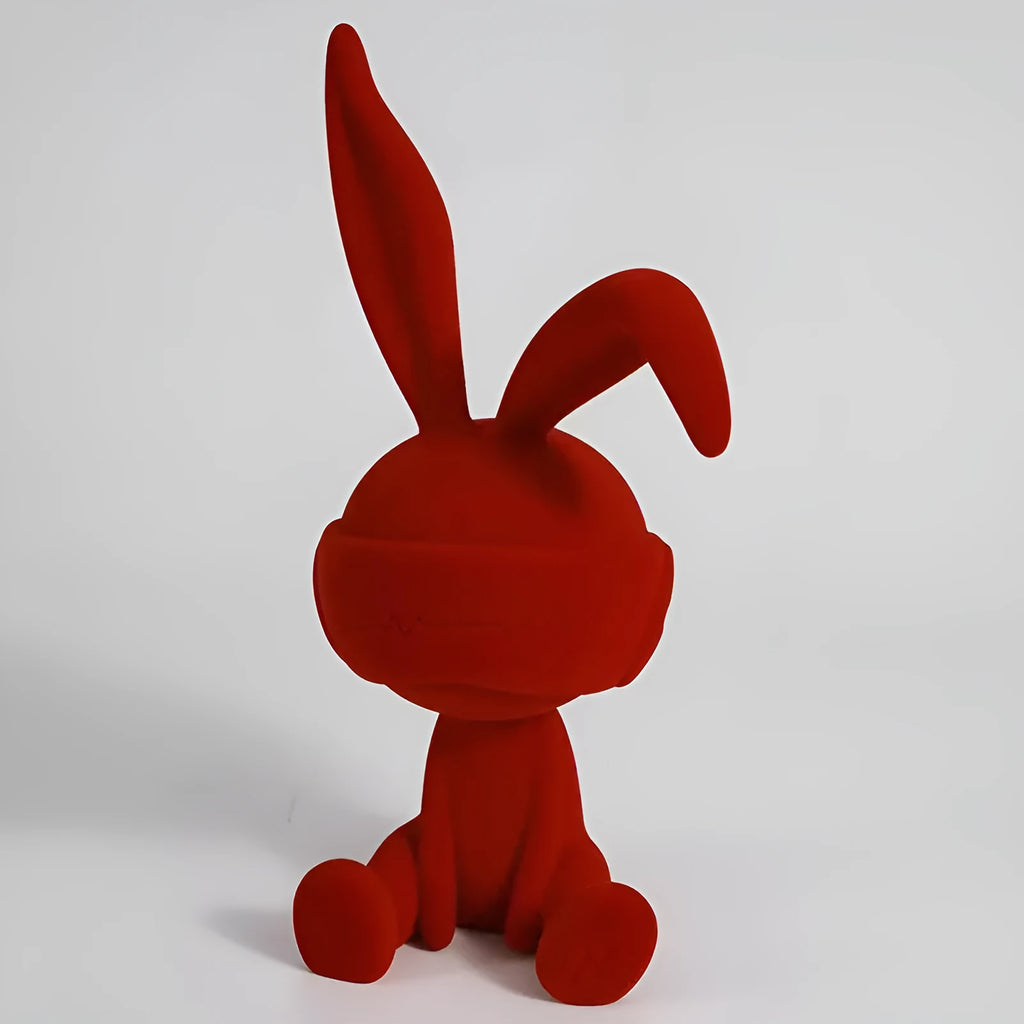 Resin suede blindfold rabbit table ornament in blue, green, and red colour options