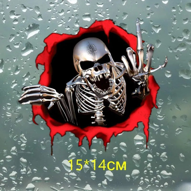 Colourful reflective metal skull bumper sticker on white background, measuring 15cm by 14cm.