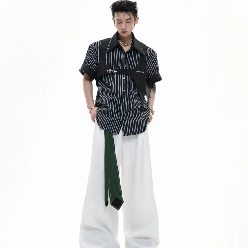 Men's cotton striped shirt with double collar design in silver Sapporo black and white colour options