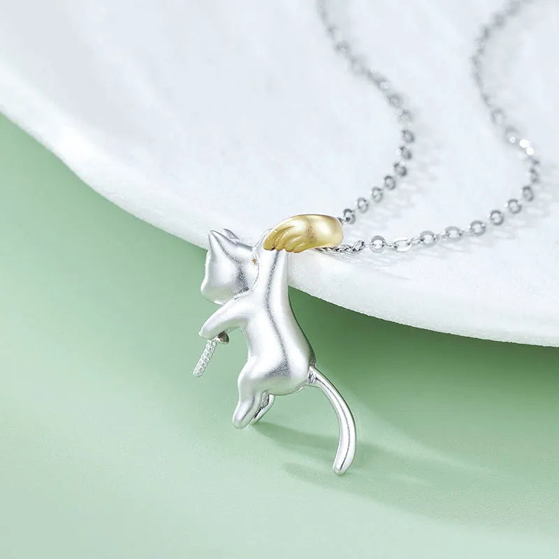 925 sterling silver clavicle chain necklace with cat charm pendant, electroplated finish