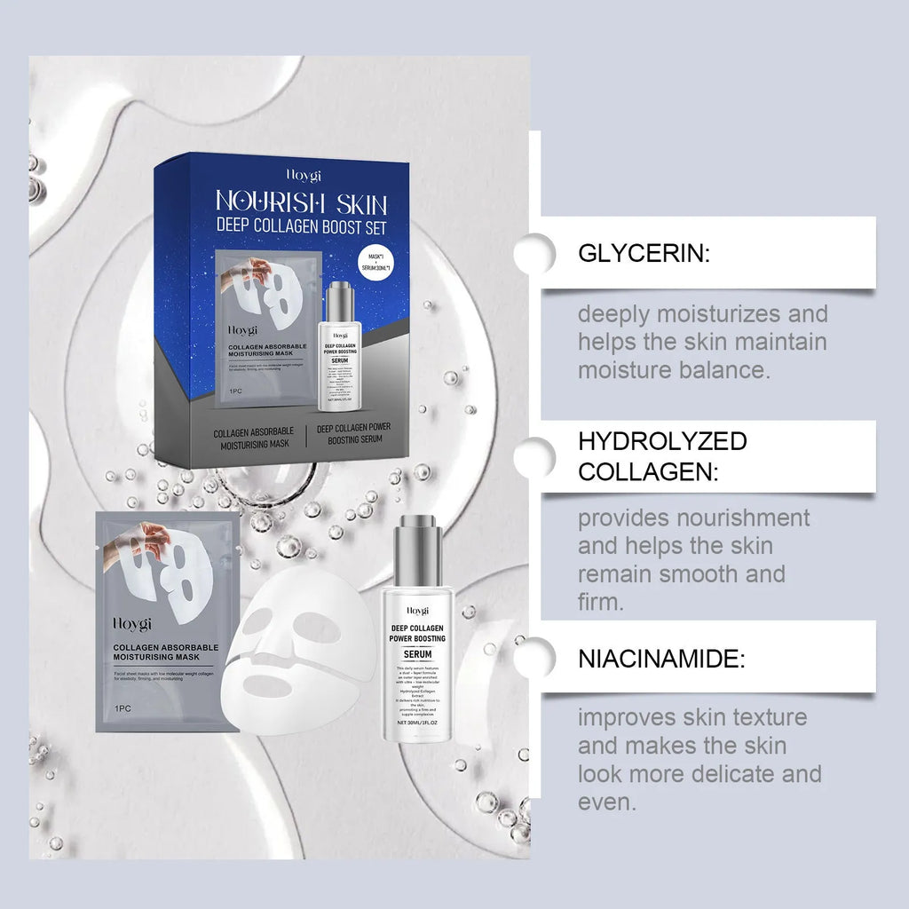 Collagen moisturising facial mask set with 30ml essence bottle for skin hydration treatment