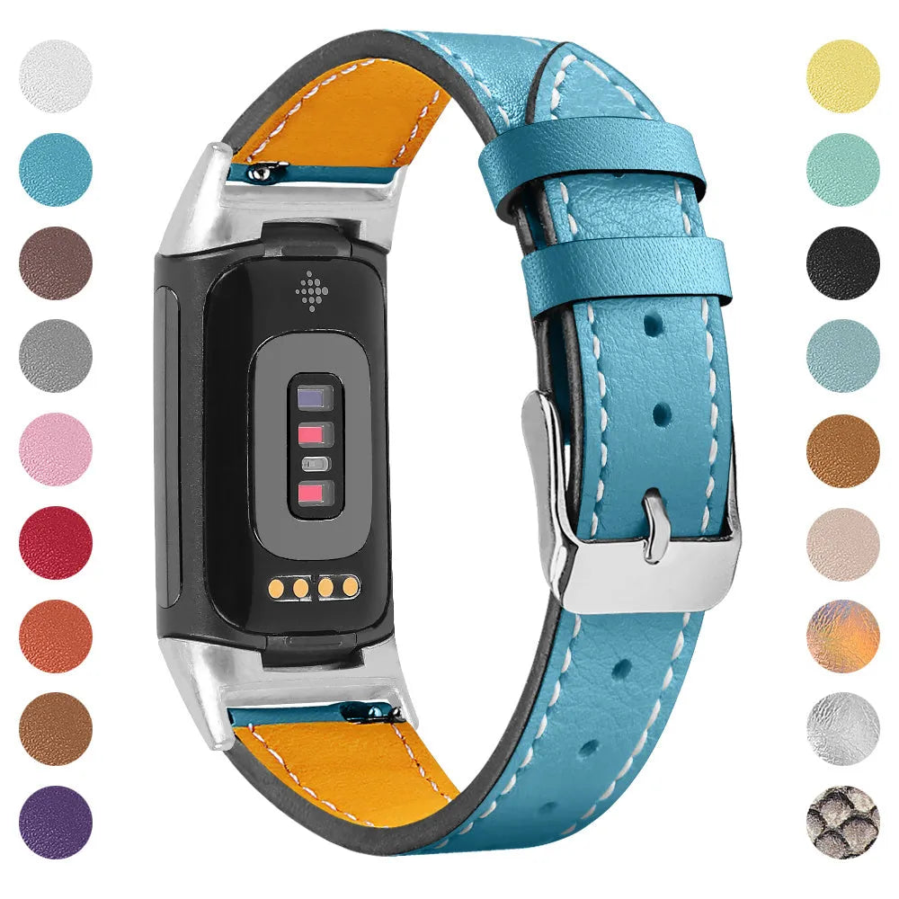 Genuine cowhide leather strap for Fitbit Charge 5 and Charge 6 smart watches in multiple colour options.