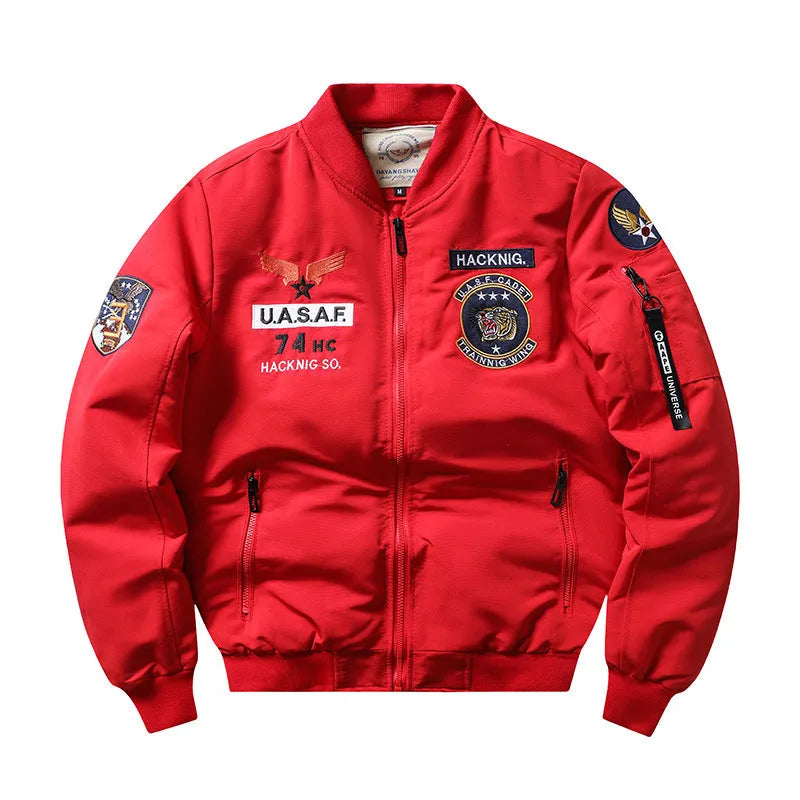 Men's slim-fit stand collar motorcycle coat in retro embroidery style with patch pockets