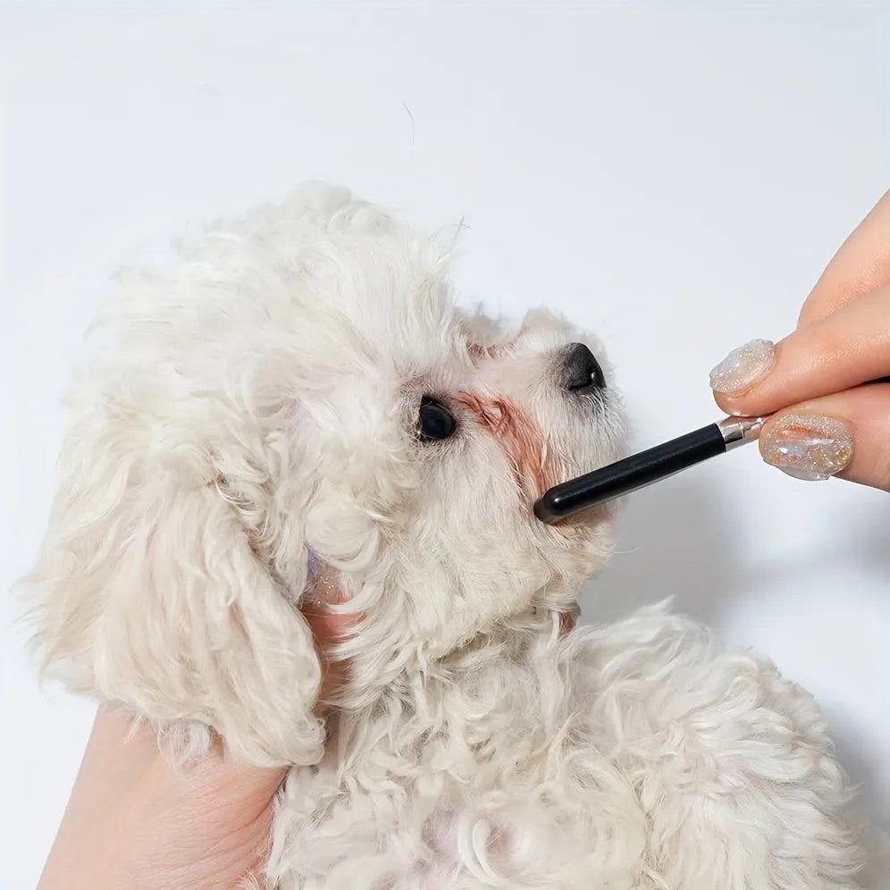 Black pet grooming brush with soft bristles and comb attachment for eye area cleaning on dogs and cats