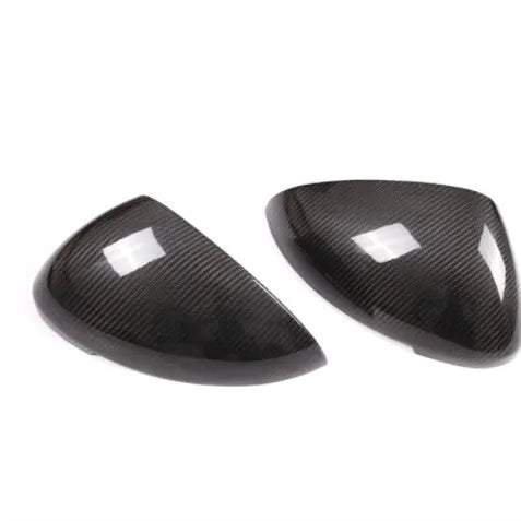 Black true carbon fibre rearview mirror cover for Porsche Macan, showing dimensions.