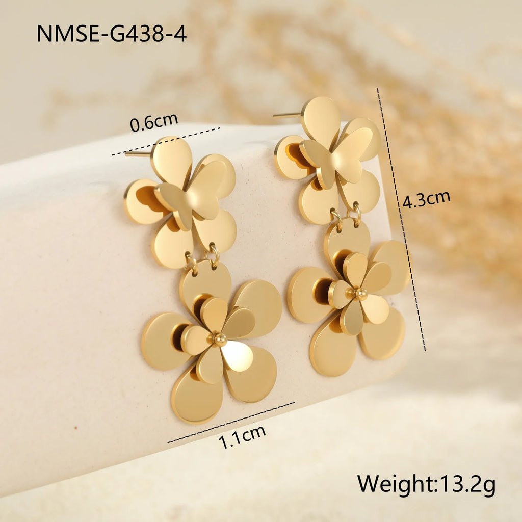 Gold flower butterfly stainless steel earrings with geometric design and 18K electroplated finish
