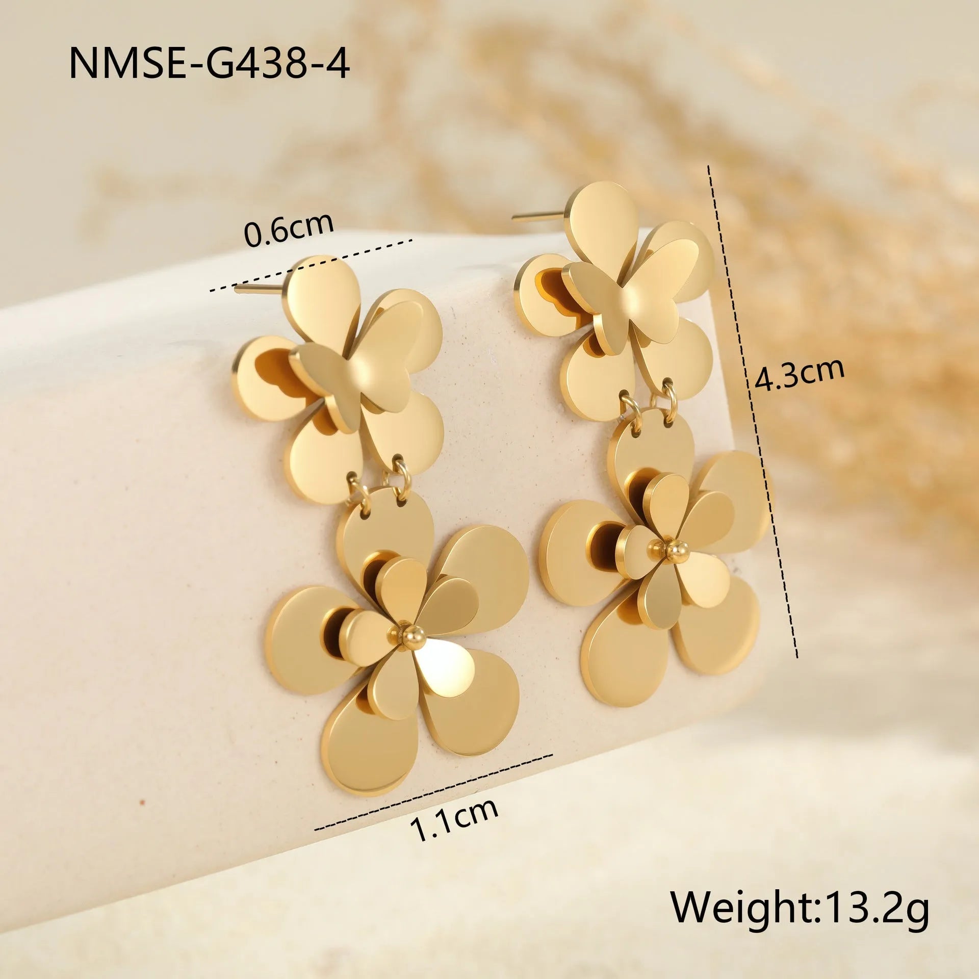 Gold flower butterfly stainless steel earrings with geometric design and 18K electroplated finish