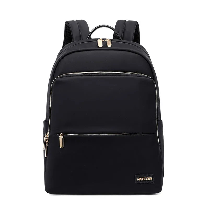 Oxford cloth women's backpack in black and purplish grey with anti-theft features and waterproof construction