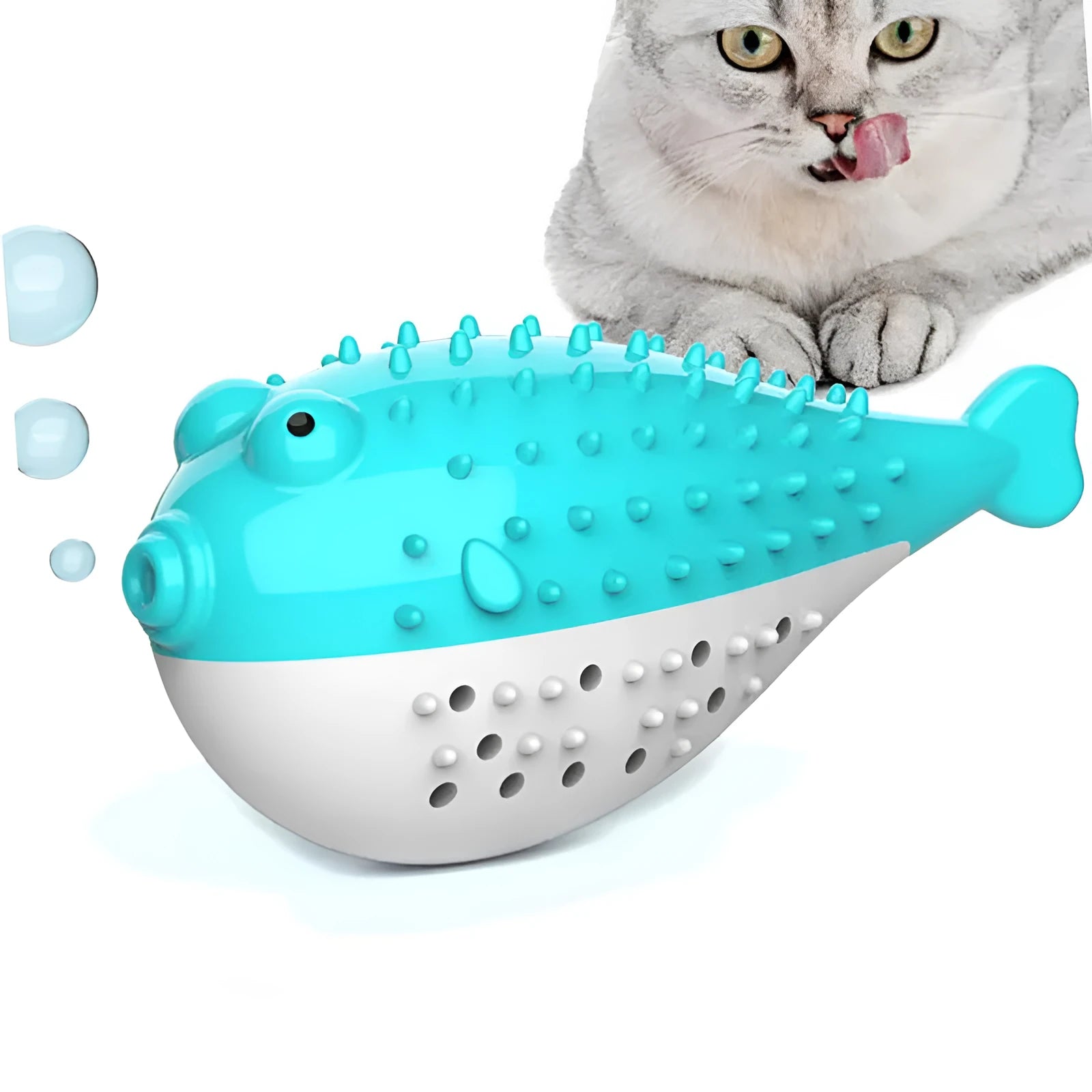Silicone fish-shaped cat chew toy in assorted colours for dental care and play