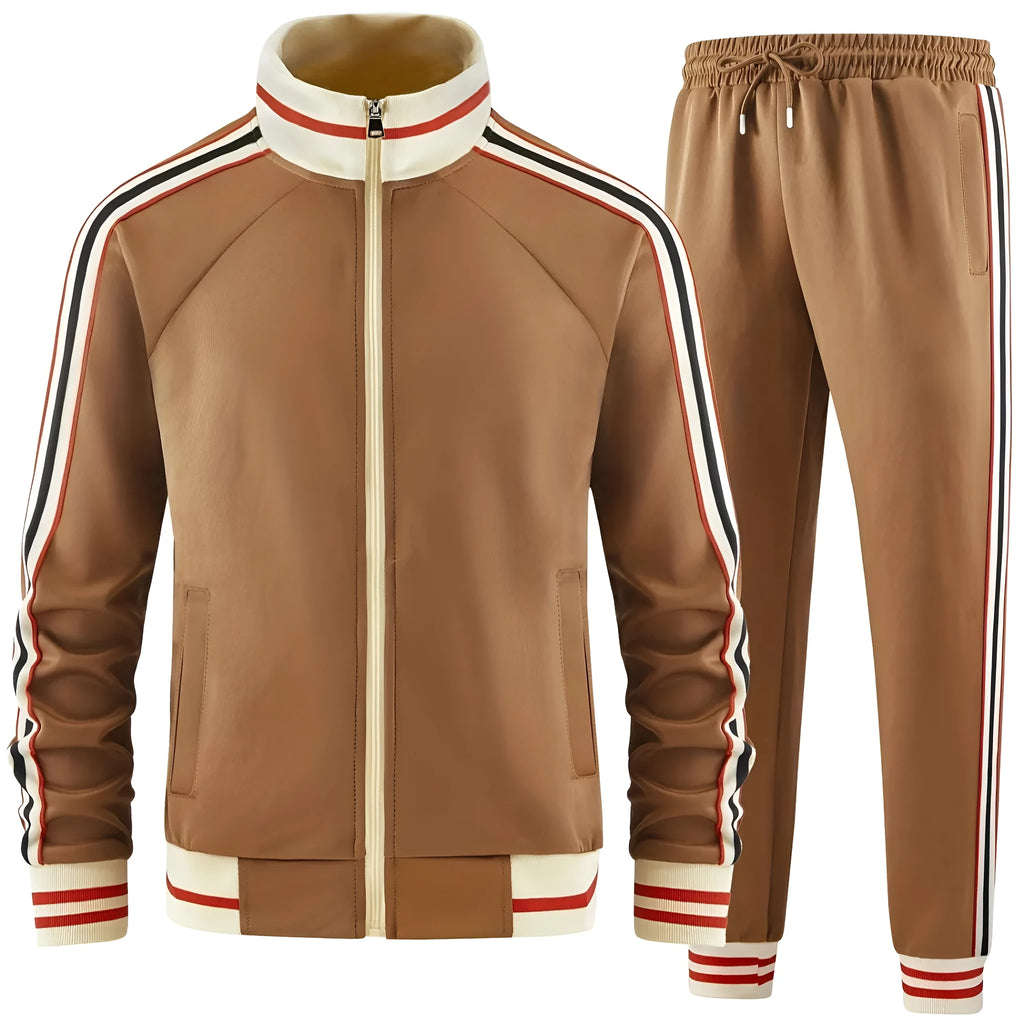 Man wearing a khaki coloured zippered turtleneck cardigan and matching trousers from a two-piece streetwear suit.