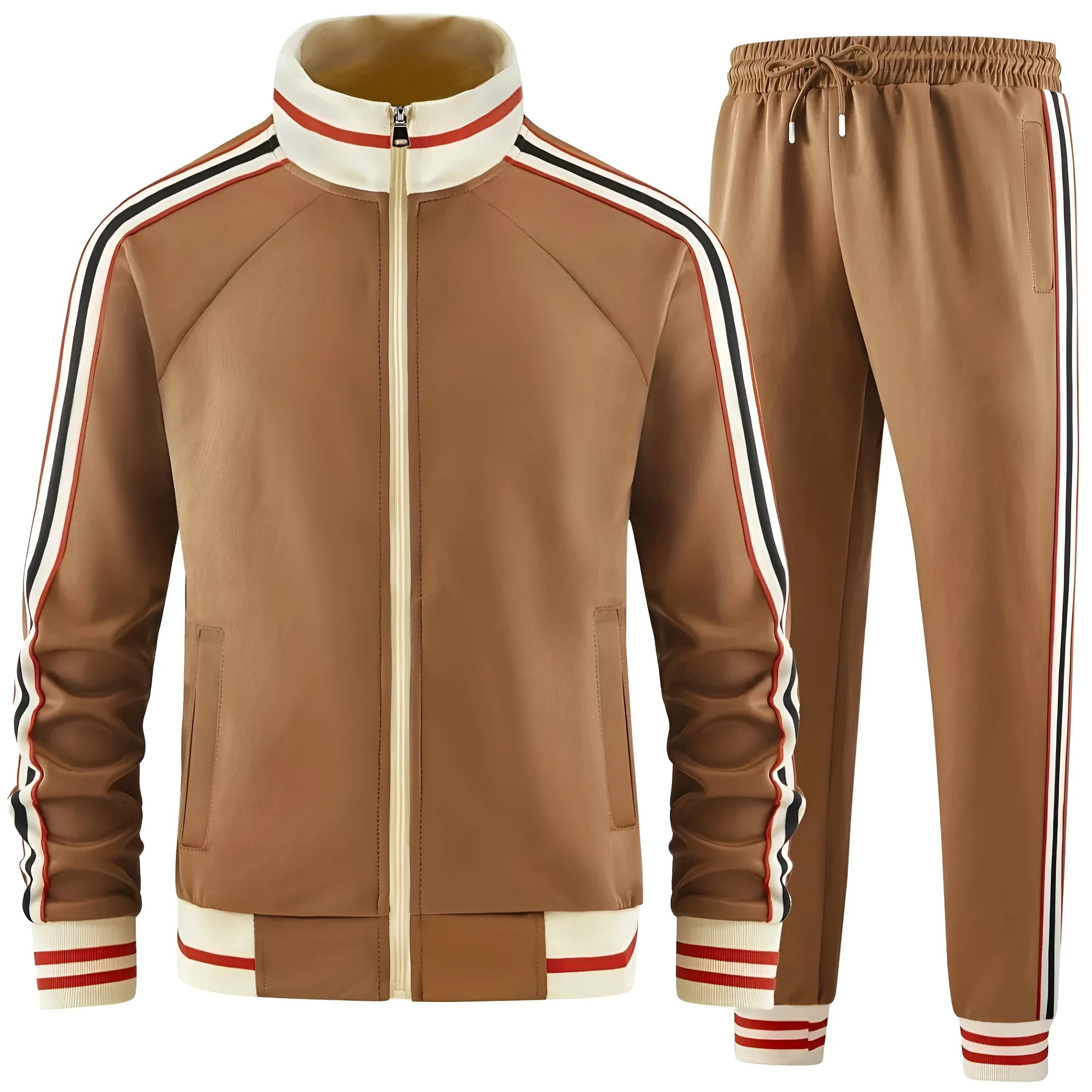 Man wearing a khaki coloured zippered turtleneck cardigan and matching trousers from a two-piece streetwear suit.
