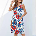 Sleeveless floral print dress with short skirt length in polyester fabric