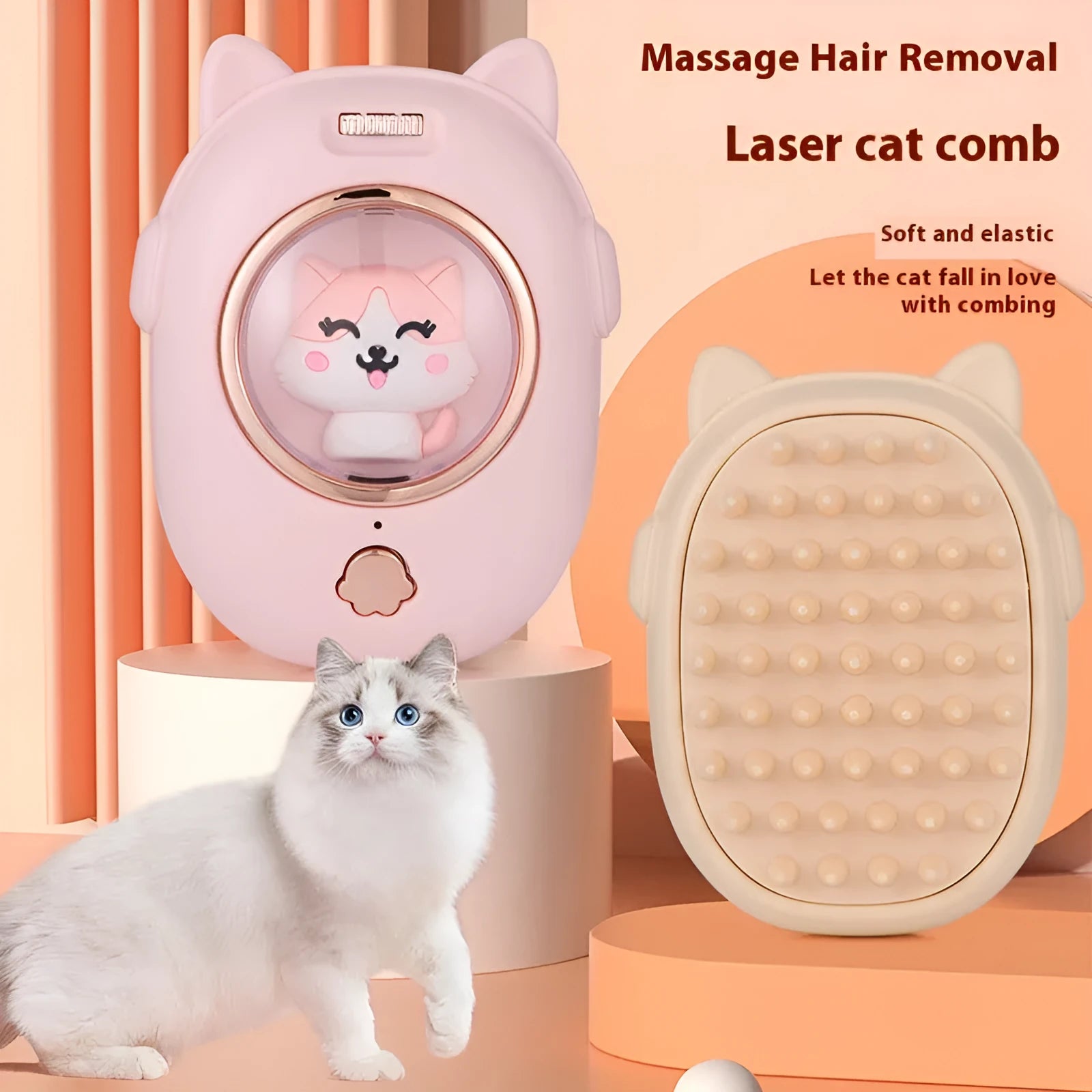 Multifunctional pet comb with laser toy in pink colour, made from ABS plastic, for grooming cats and dogs