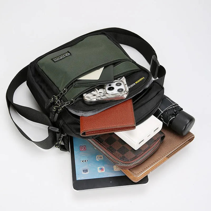 Men's nylon crossbody bag in solid colour with sewing thread detail, waterproof for outdoor commute use