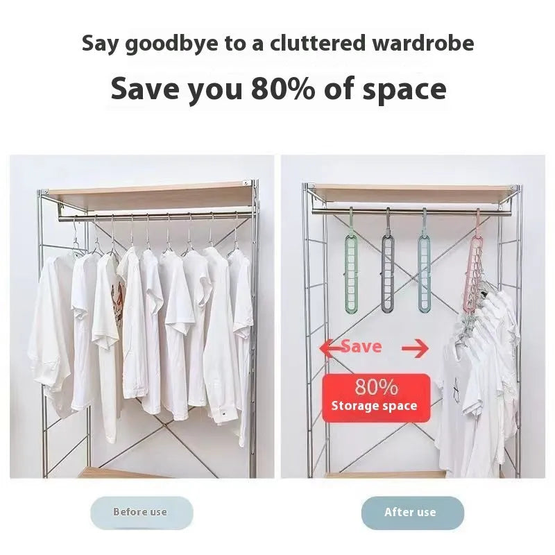 Green nine-hole plastic trouser hanger with folding design for wardrobe organisation
