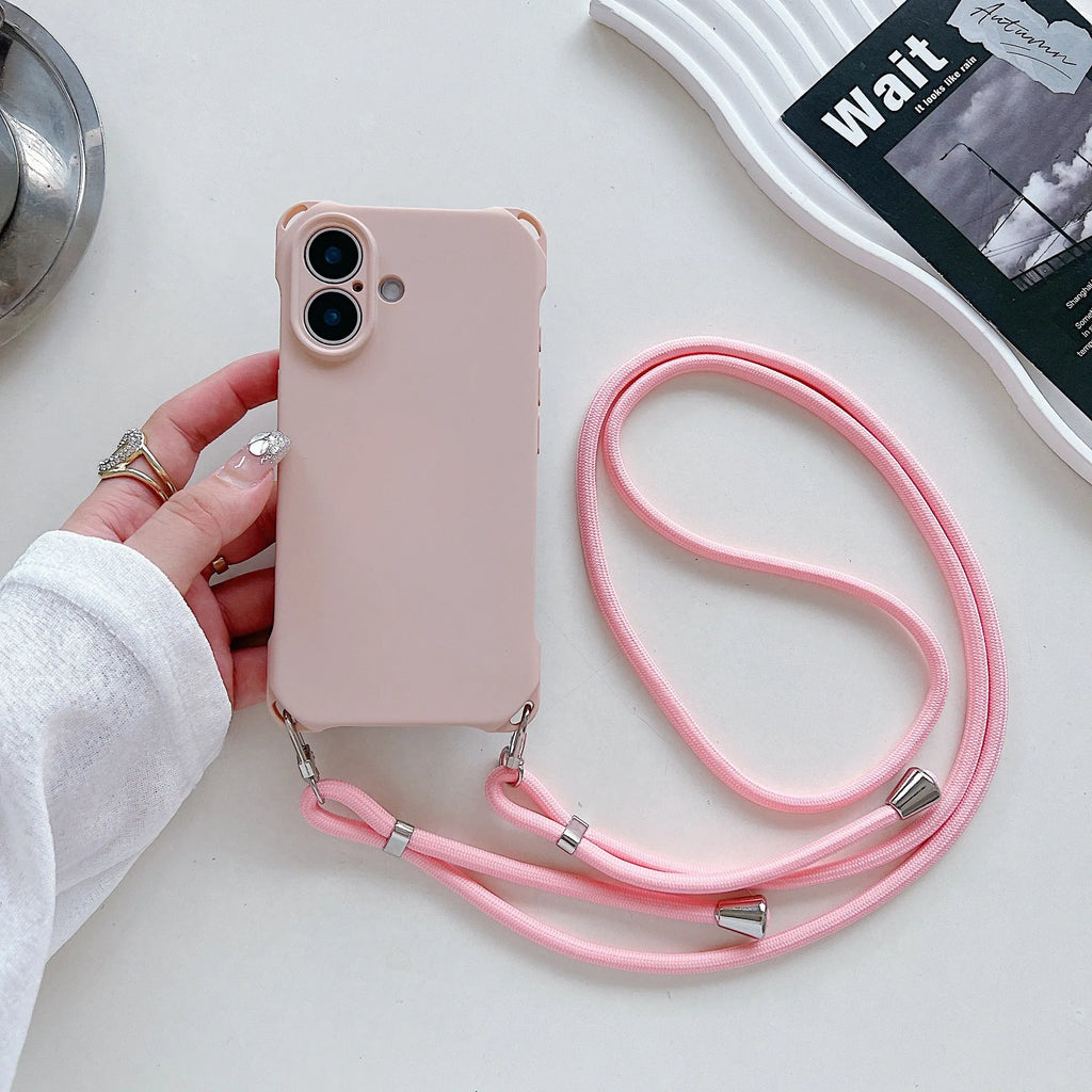 Four-corner cross lanyard liquid silicone phone case for Apple iPhone 16, soft anti-fall, antique white colour
