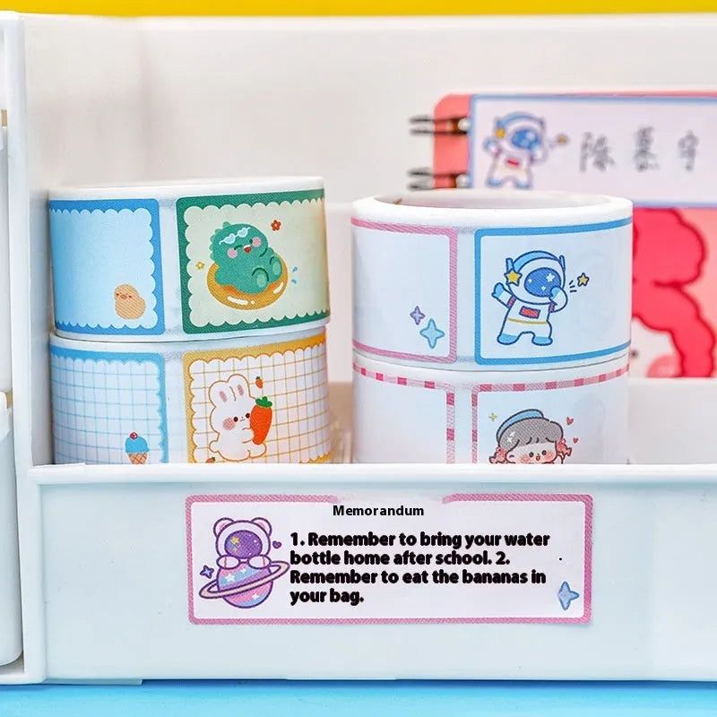 Roll of cartoon message index stickers showing dinosaur, astronaut, rabbit, and girl designs