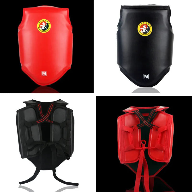 Red boxing helmet and one-piece chest protector set on a grey background.