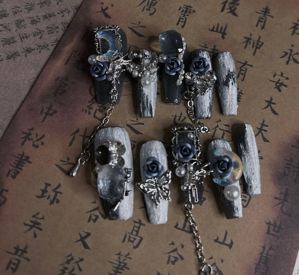 Heavy industry blue evening manicure set with ornate rose pattern and plastic armour suit
